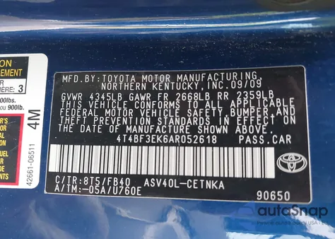 2010 Toyota Camry Le from USA, damaged, VIN 4T4BF3EK6AR052618